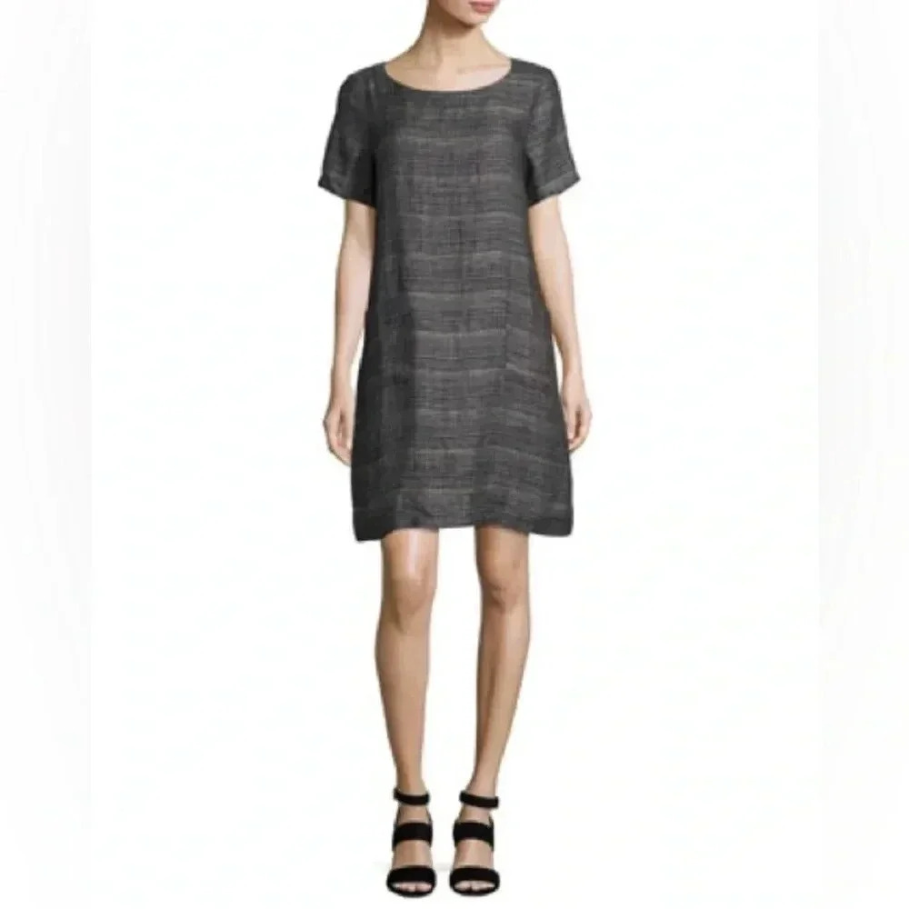 Eileen Fisher Coastline Short-Sleeve Organic Linen Shift Dress Grey Blue size SP